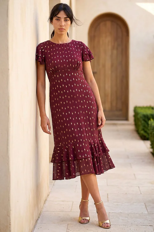 Roman Wine Petite Foil Frill Dress - 12 Image 2