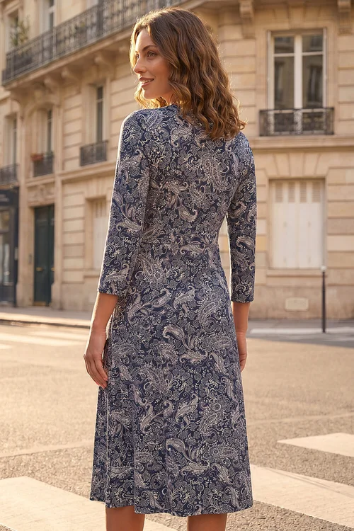 Roman Navy Petite Paisley Tie Neck Dress - 8 Image 3