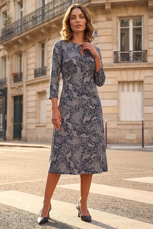 Roman Navy Petite Paisley Tie Neck Dress - 8 Image 1