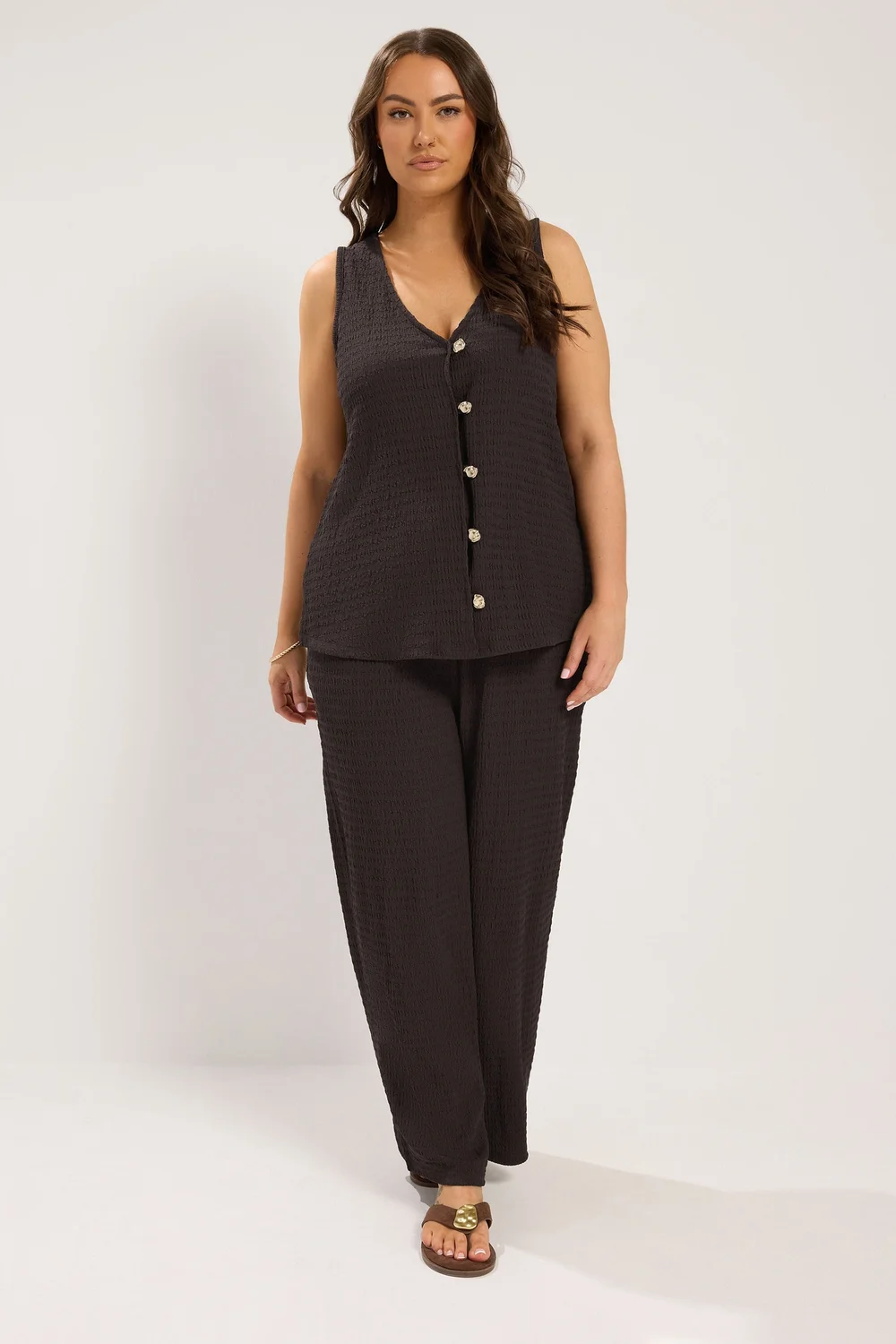 Yours Curve Chocolate Brown Textured Waistcoat - 30-32 Image 2