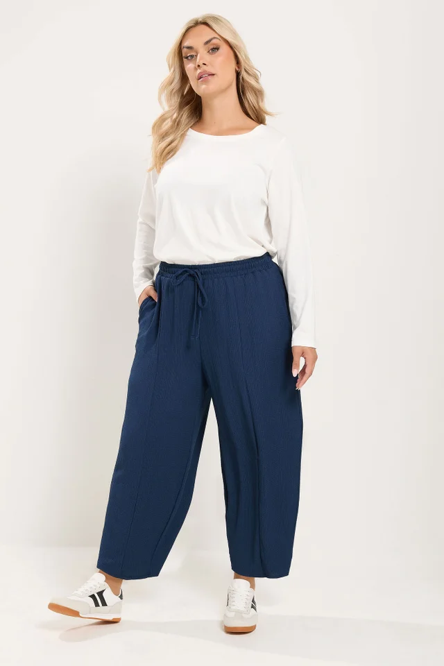 Yours Curve Navy Blue Crinkle Barrel Trousers