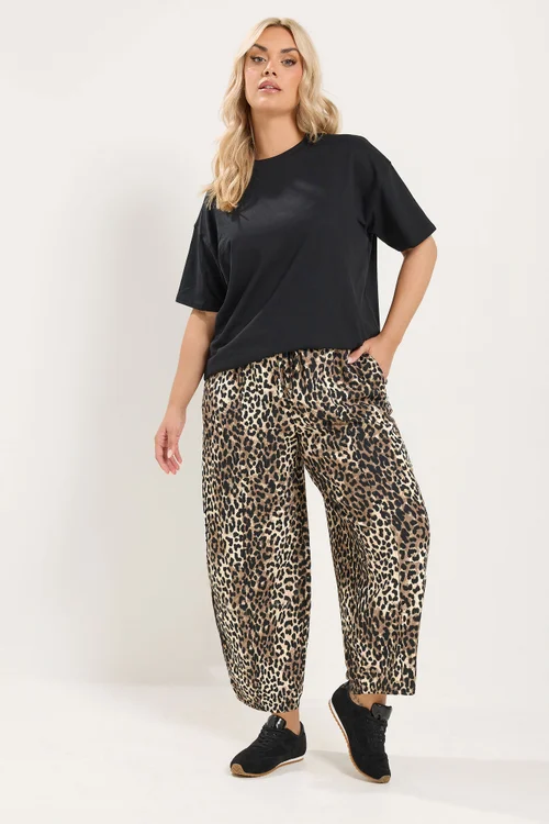 Yours Curve Black Leopard Print Crinkle Barrel Trousers - 26-28 Image 1