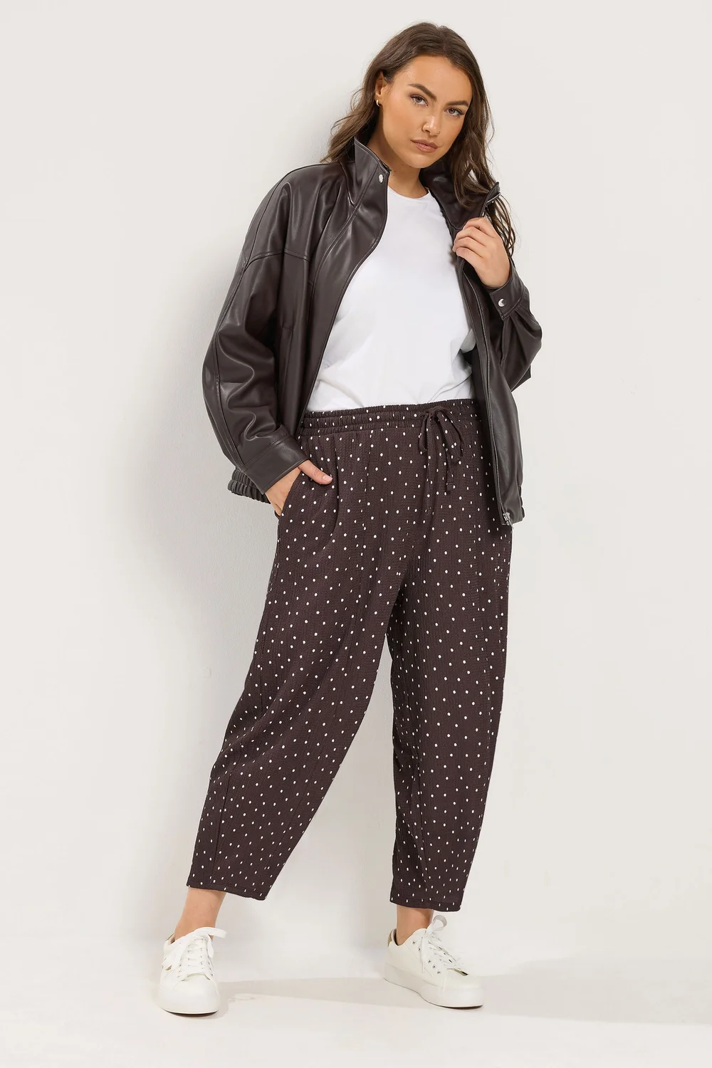 Yours Curve Chocolate Brown Polka Dot Barrel Trousers - 30-32 Image 2