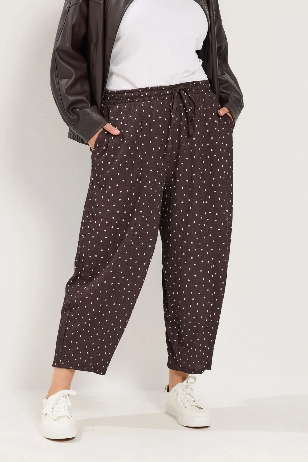 Yours Curve Chocolate Brown Polka Dot Barrel Trousers - 30-32 Image 1