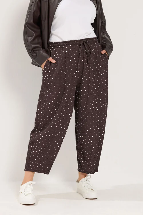 Yours Curve Chocolate Brown Polka Dot Barrel Trousers - 30-32 Image 1