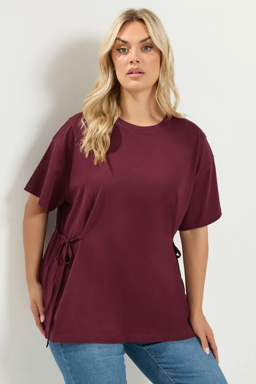 Yours Curve Burgundy Red Tie Front T-Shirt - 20 Image 1