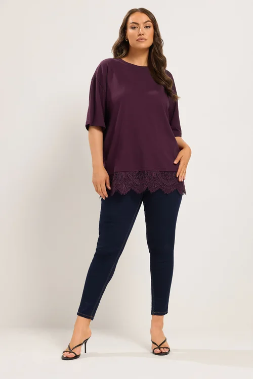 Yours Curve Purple Lace Hem T-Shirt - 26-28 Image 2