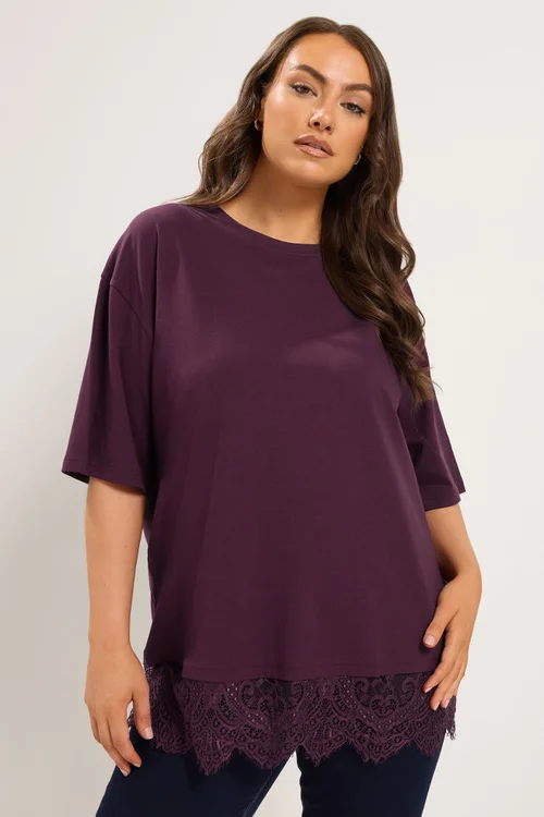 Yours Curve Purple Lace Hem T-Shirt - 26-28 Image 1