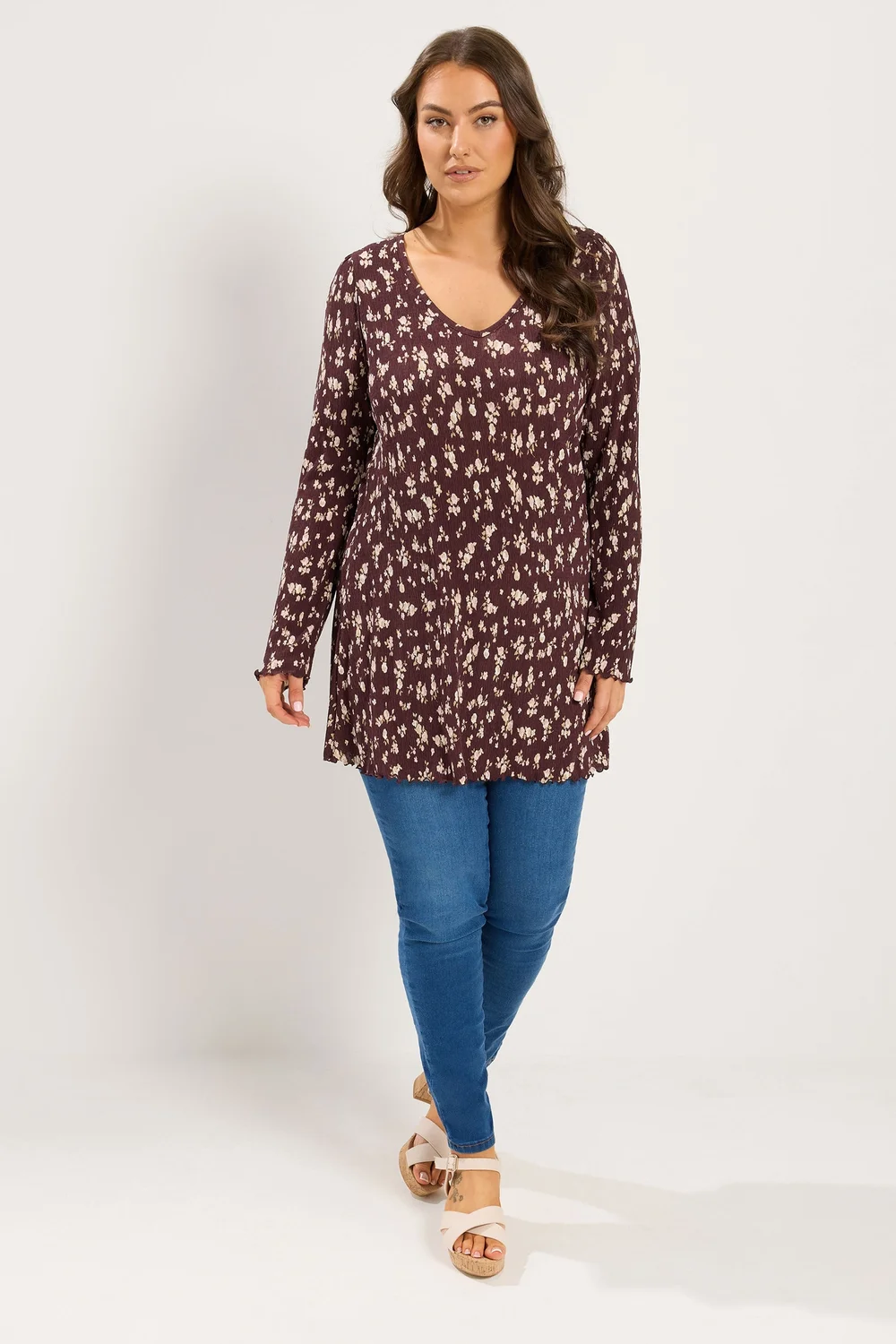 Yours Curve Chocolate Brown Ditsy Floral Tunic Top - 16 Image 2