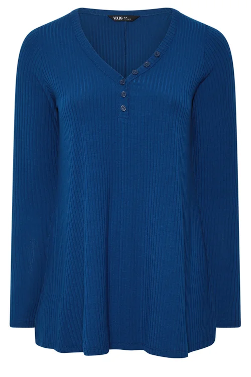 Yours Curve Blue Henley Ribbed Swing Top - 38-40 Image 5