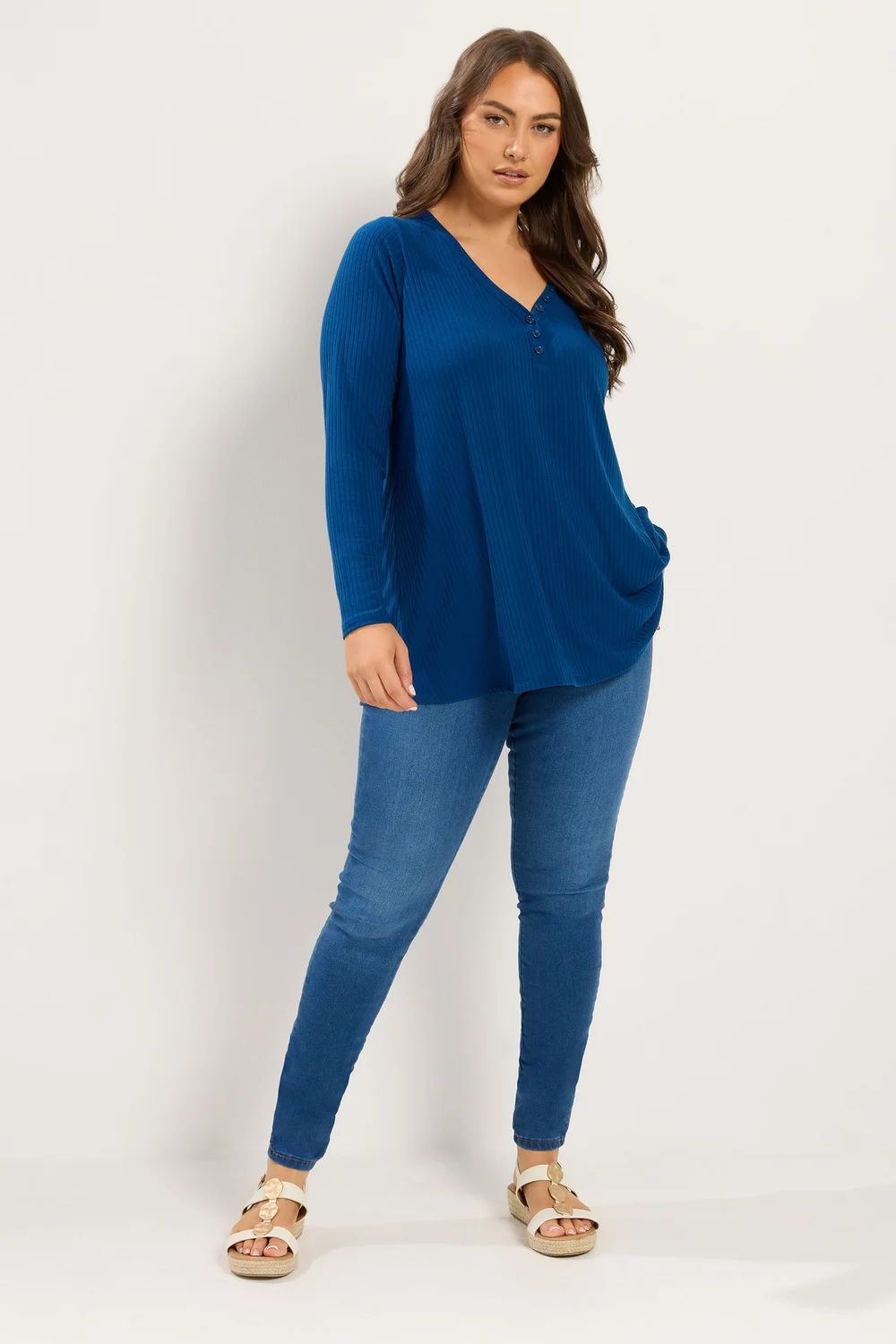 Yours Curve Blue Henley Ribbed Swing Top - 38-40 Image 2