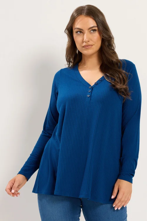 Yours Curve Blue Henley Ribbed Swing Top - 38-40 Image 1