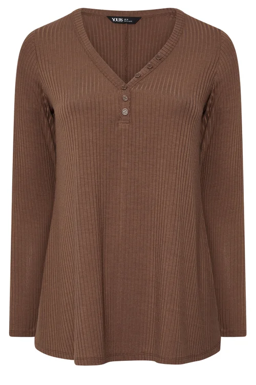 Yours Curve Chocolate Brown Henley Swing Top - 26-28 Image 5