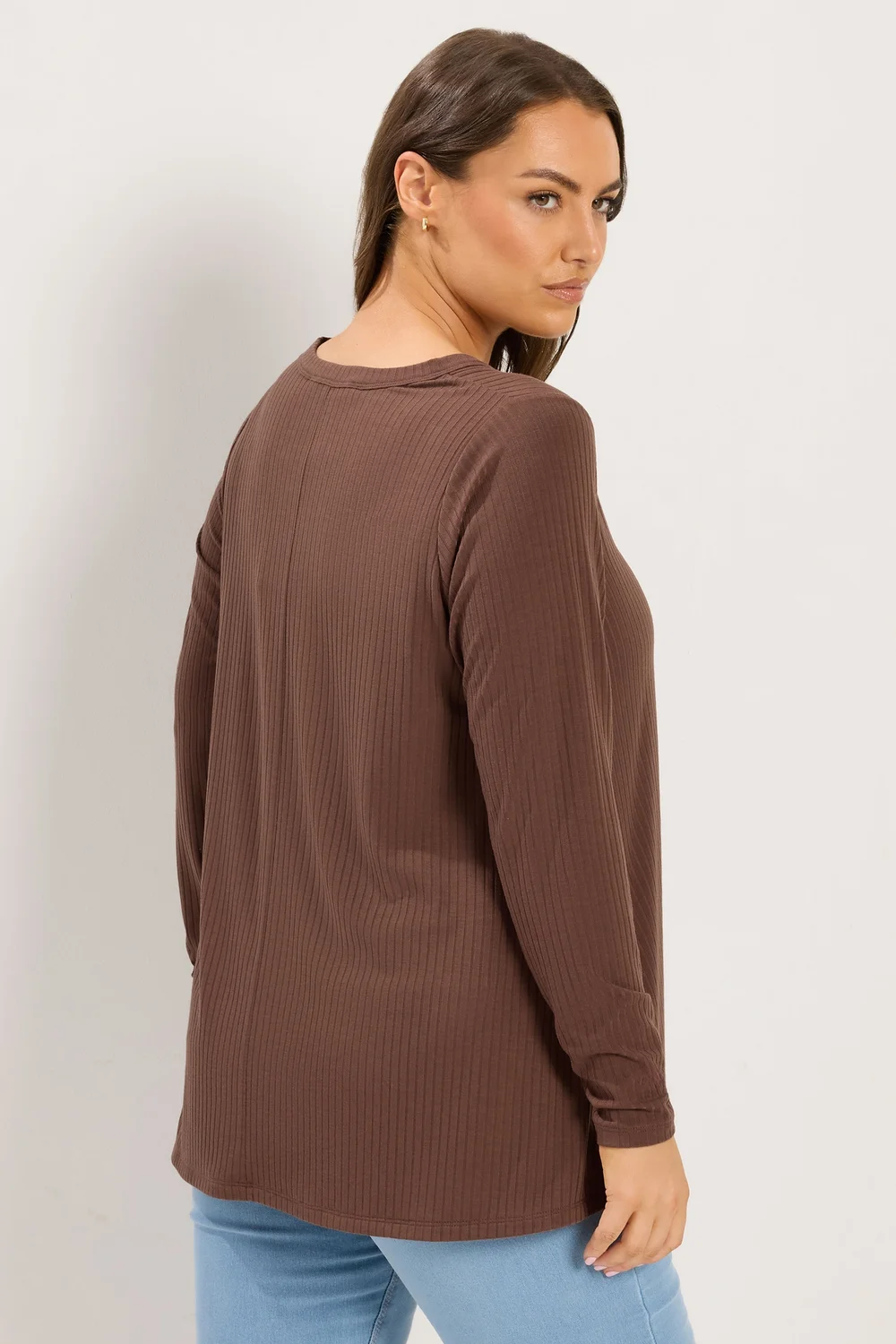 Yours Curve Chocolate Brown Henley Swing Top - 26-28 Image 3