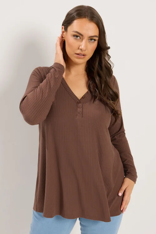 Yours Curve Chocolate Brown Henley Swing Top - 26-28 Image 1