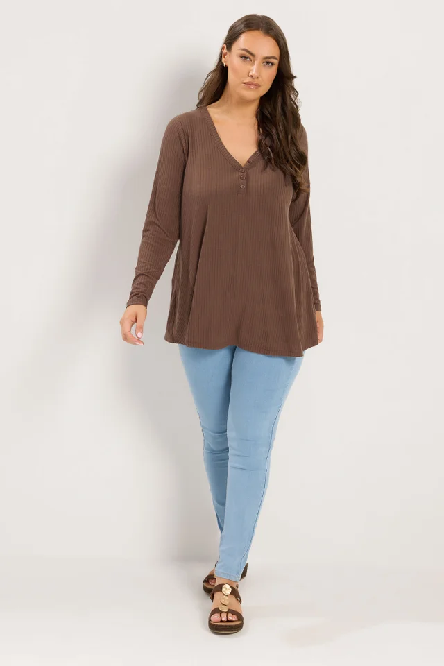 Yours Curve Chocolate Brown Henley Swing Top