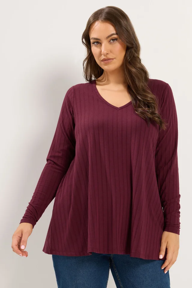 Yours Curve Red Plunge Neck Ribbed T-Shirt