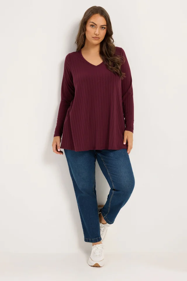 Yours Curve Red Plunge Neck Ribbed T-Shirt