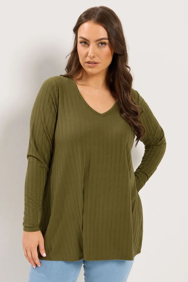 Yours Curve Khaki Green Plunge Neck T-Shirt