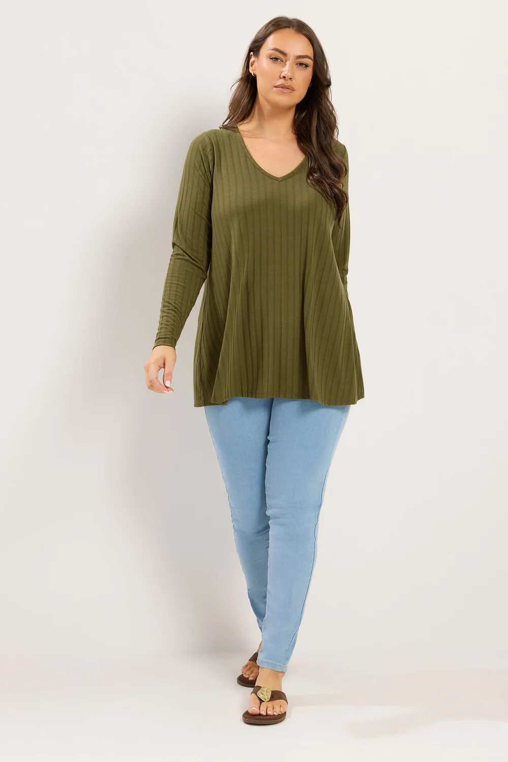 Yours Curve Khaki Green Plunge Neck T-Shirt - 22-24 Image 2