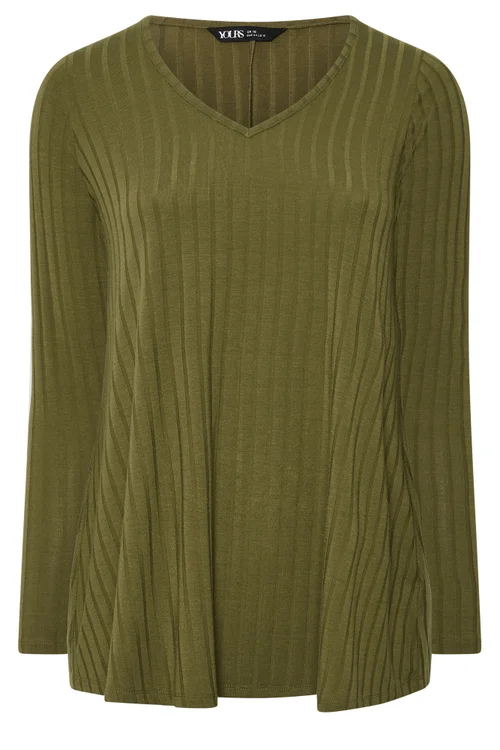 Yours Curve Khaki Green Plunge Neck T-Shirt - 22-24 Image 5