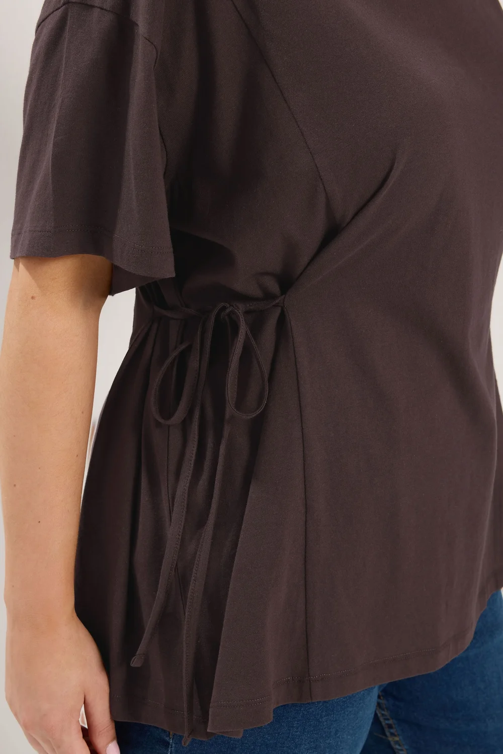 Yours Curve Chocolate Brown Side Tie T-Shirt - 34-36 Image 4