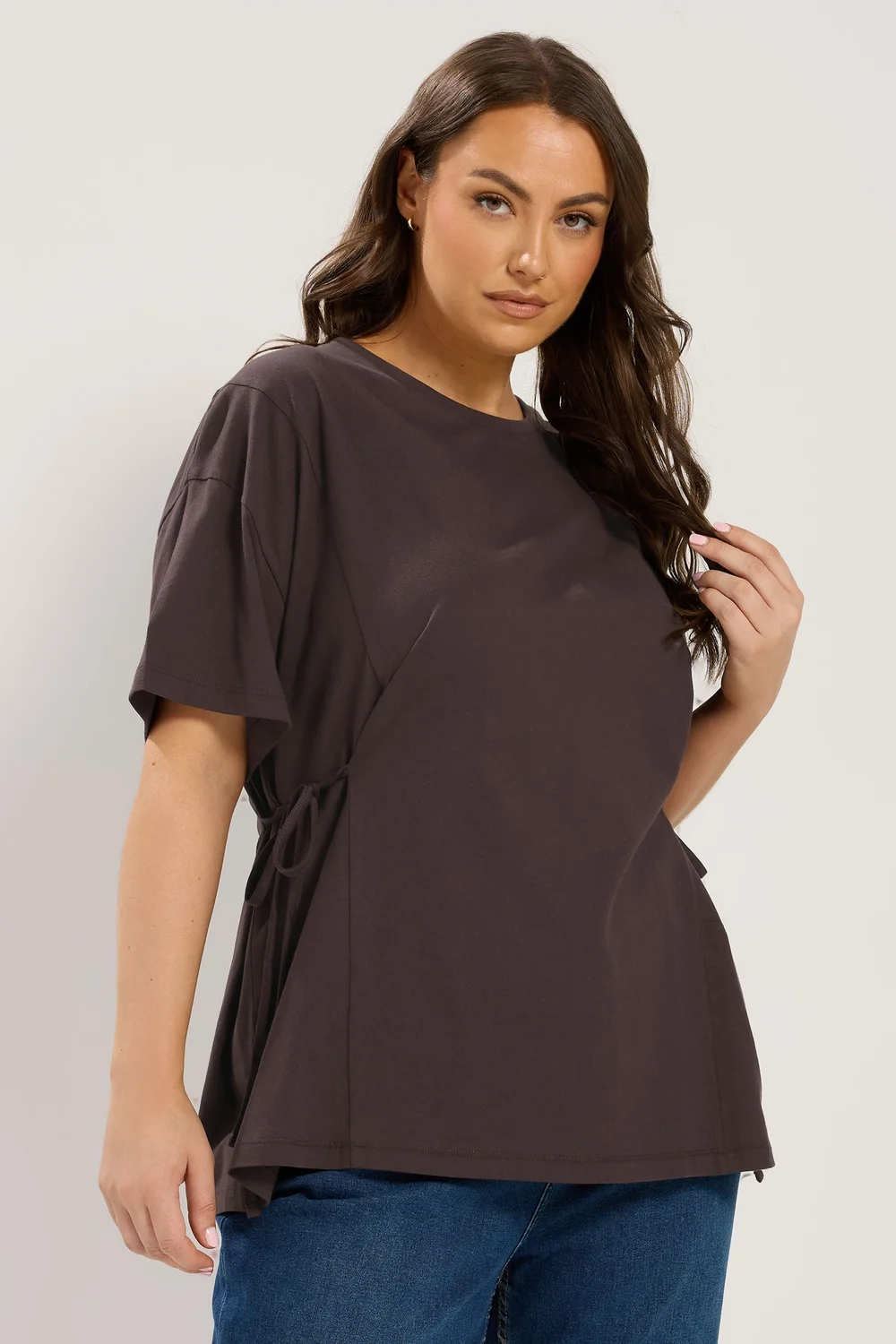 Yours Curve Chocolate Brown Side Tie T-Shirt - 34-36 Image 1