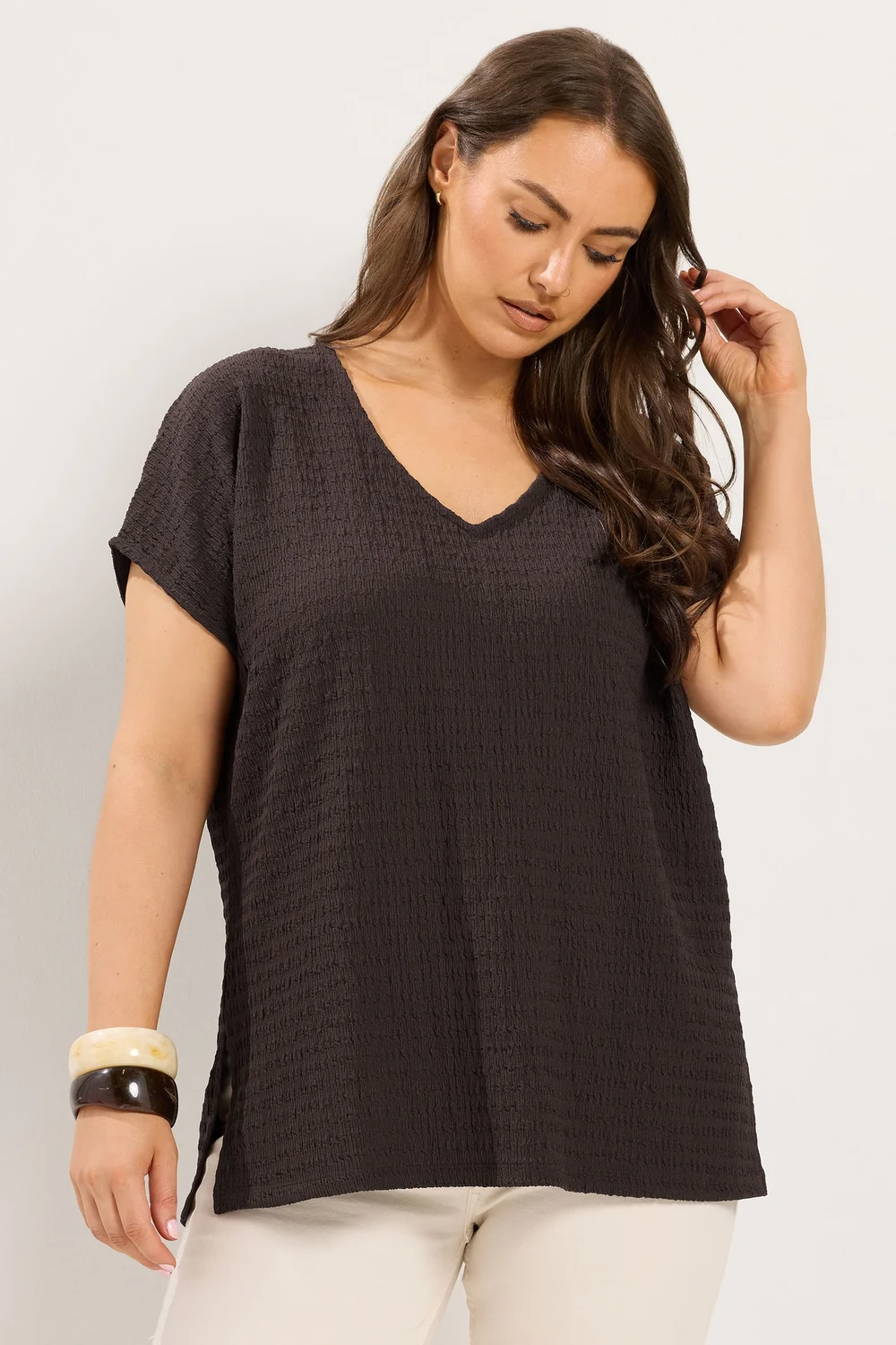 Yours Curve Chocolate Brown Textured T-Shirt - 20 Image 1