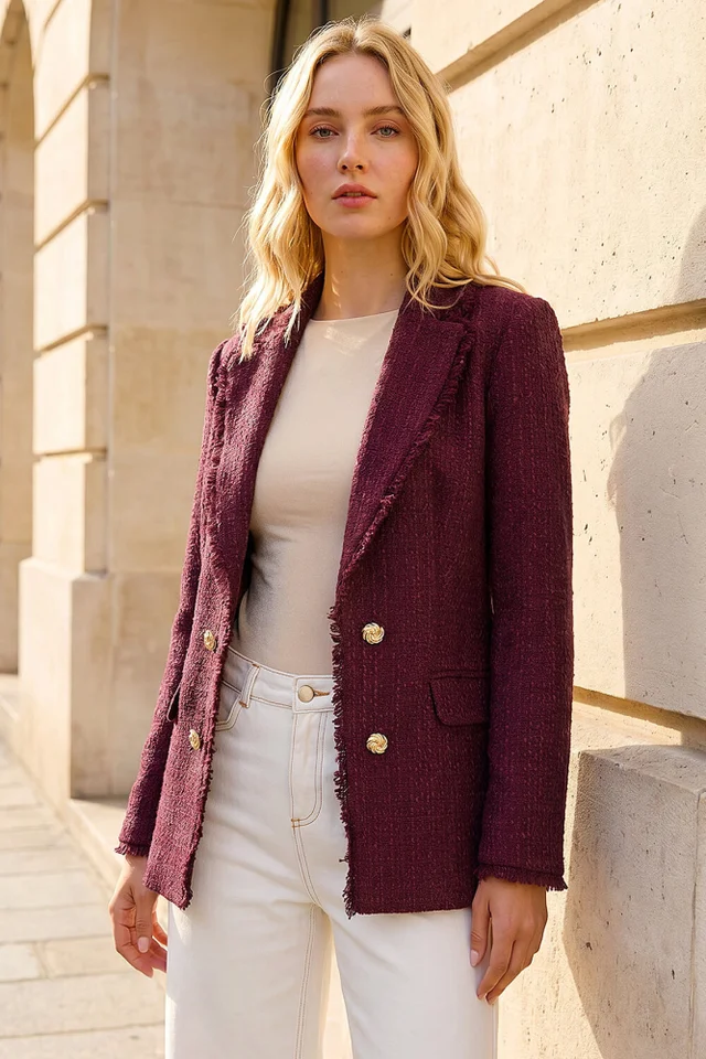 Roman Burgundy Port Frayed Edge Boucle Jacket