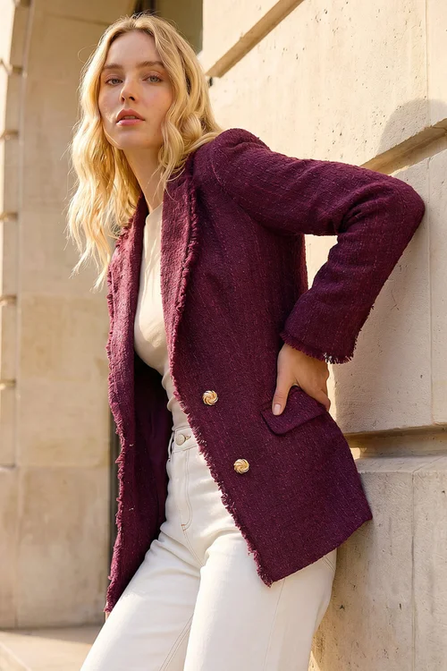 Roman Burgundy Port Frayed Edge Boucle Jacket - 20 Image 2