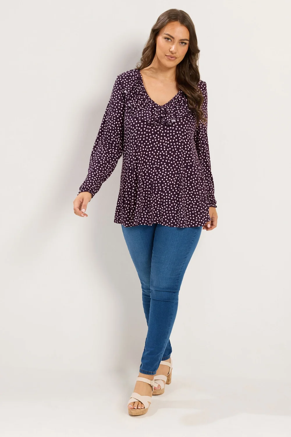 Yours Curve Purple Polka Dot Frill Blouse - 26-28 Image 2