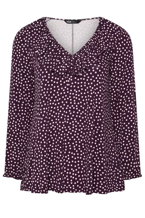 Yours Curve Purple Polka Dot Frill Blouse - 26-28 Image 5