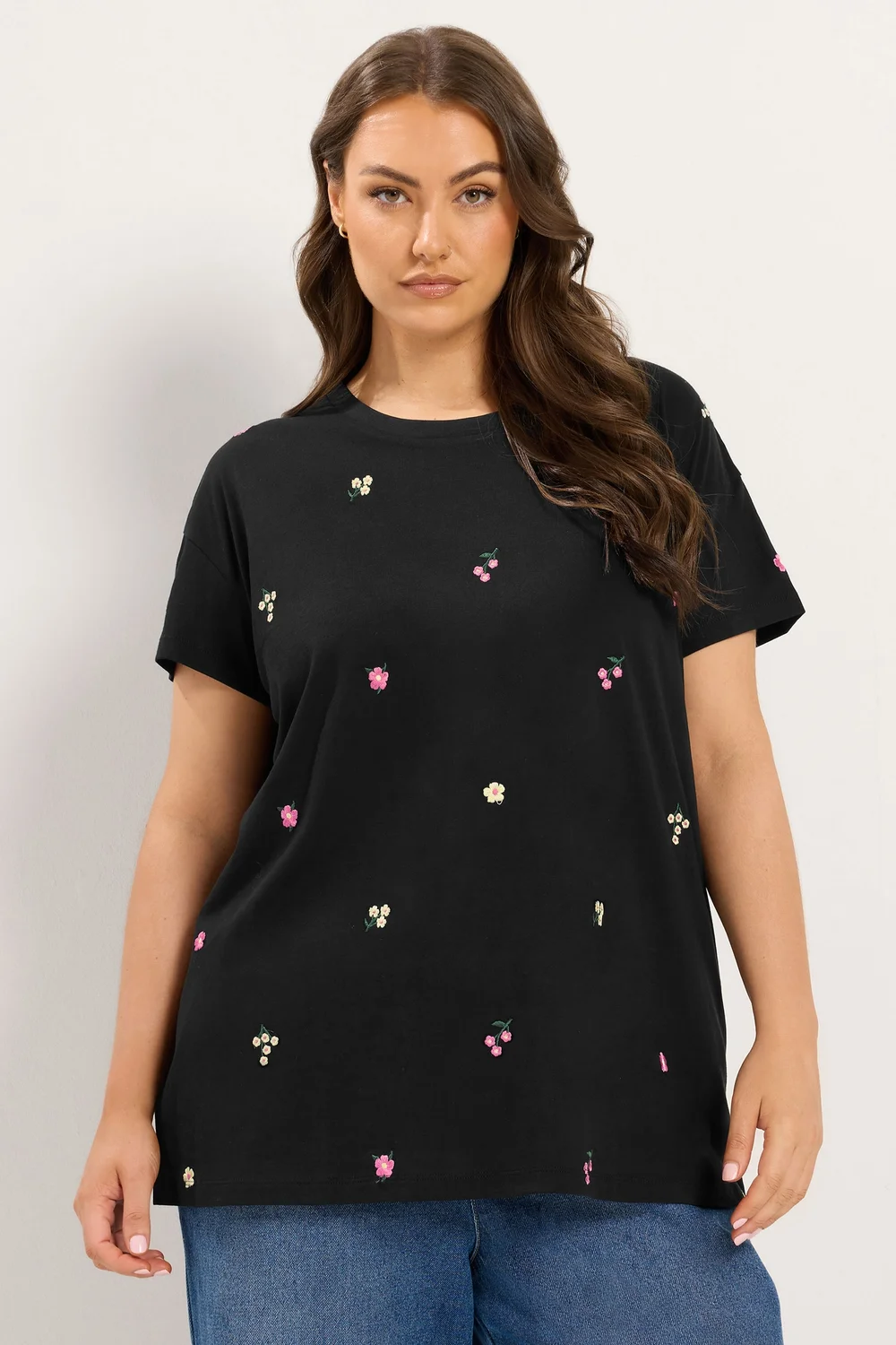 Yours Curve Black Embroidered Blossom T-Shirt - 20 Image 1