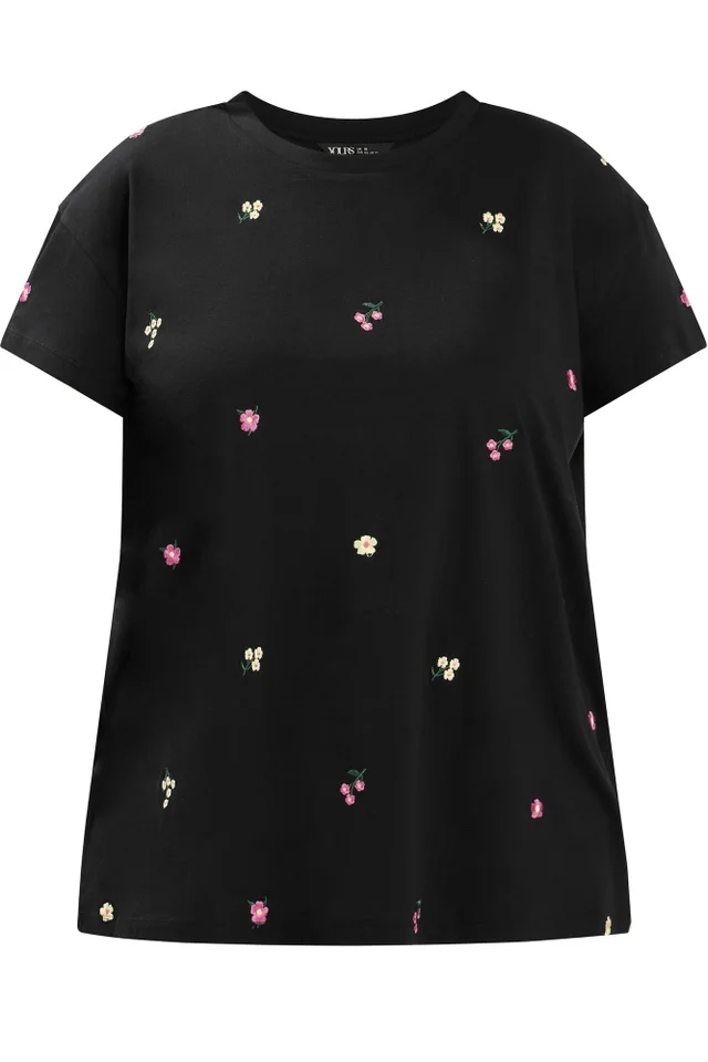 Yours Curve Black Embroidered Blossom T-Shirt