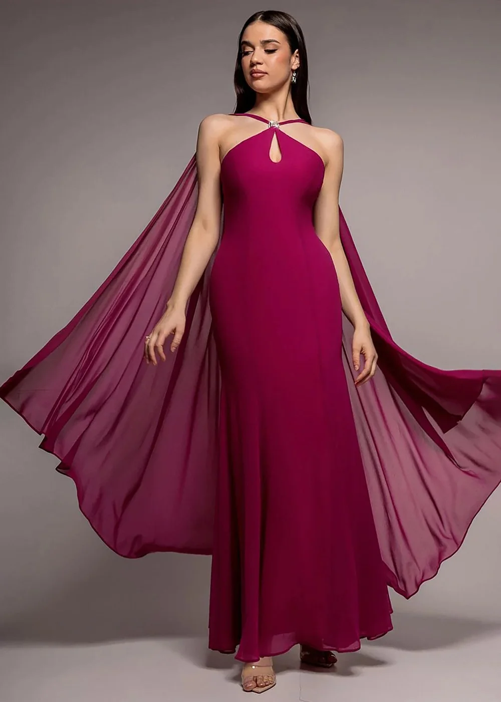 Goddiva Magenta Multiway Cape Chiffon With Embellished Trim Maxi Dress - 12 Image 1