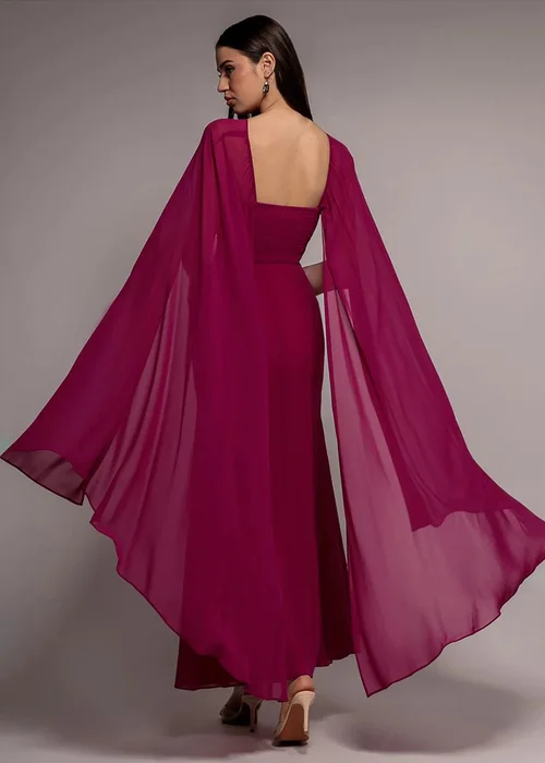 Goddiva Magenta Multiway Cape Chiffon With Embellished Trim Maxi Dress - 12 Image 2
