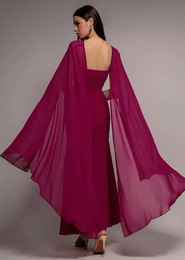 Goddiva Magenta Multiway Cape Chiffon With Embellished Trim Maxi Dress