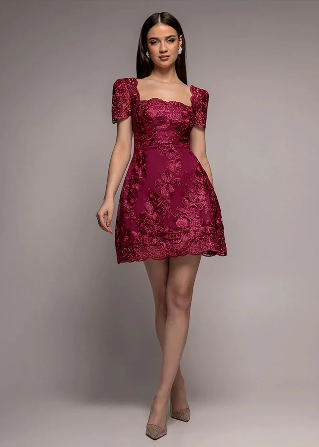 Goddiva Burgundy Scallop Edge Corset Back Structured Lace Mini Dress