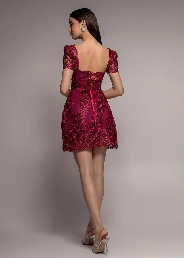 Goddiva Burgundy Scallop Edge Corset Back Structured Lace Mini Dress