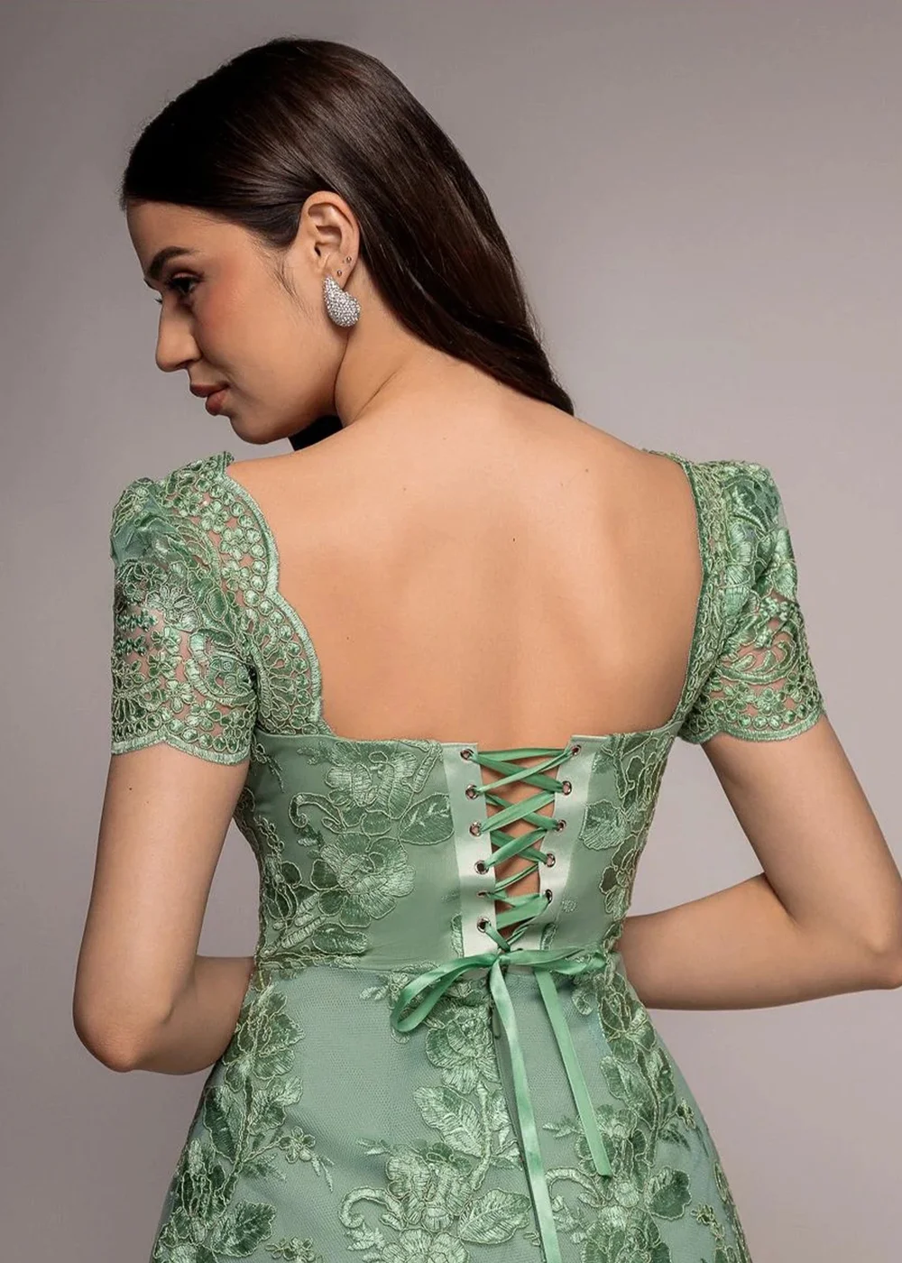 Goddiva Sage Green Scallop Edge Corset Back Structured Lace Mini Dress - 10 Image 3