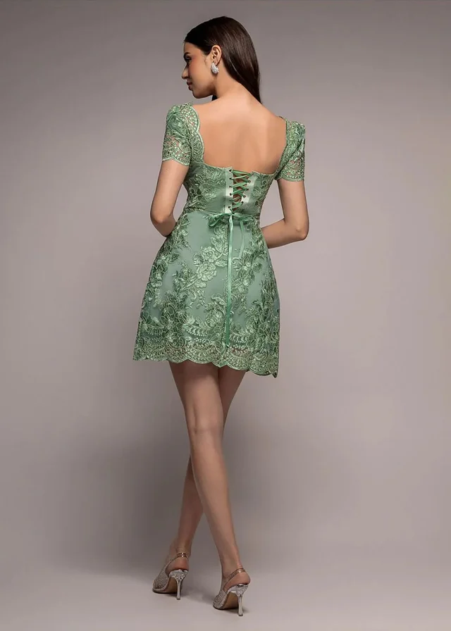 Goddiva Sage Green Scallop Edge Corset Back Structured Lace Mini Dress