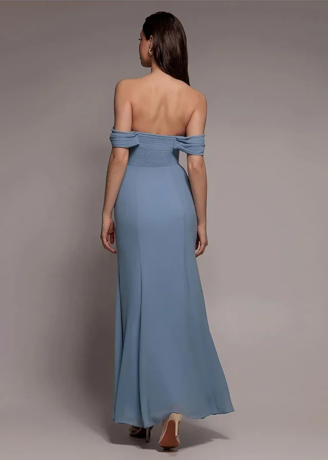 Goddiva Dusky Blue Chiffon Bardot Cowl Neck Maxi Dress