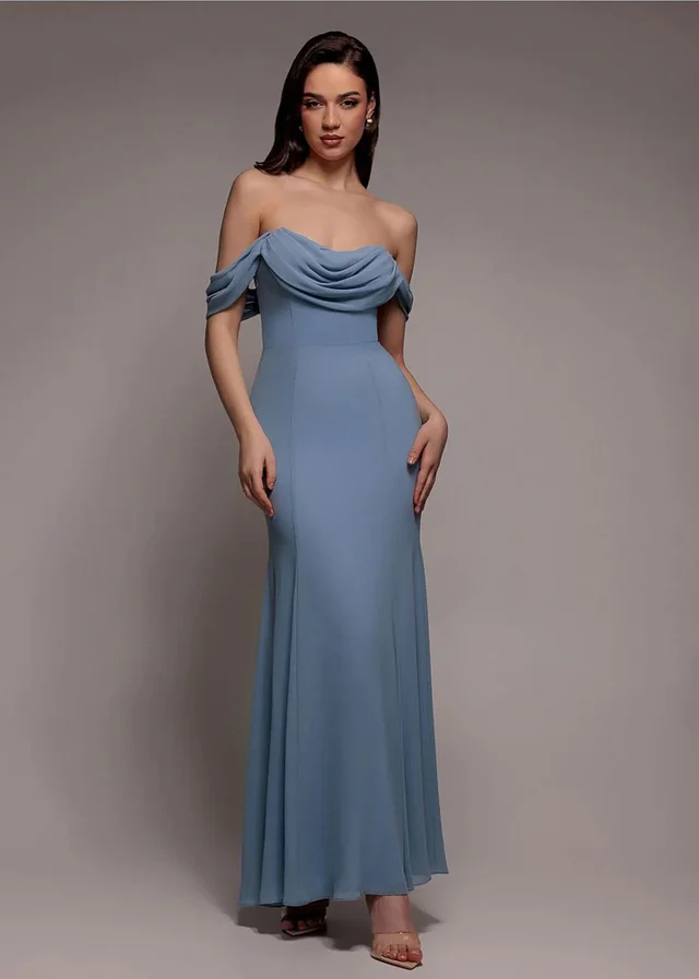 Goddiva Dusky Blue Chiffon Bardot Cowl Neck Maxi Dress