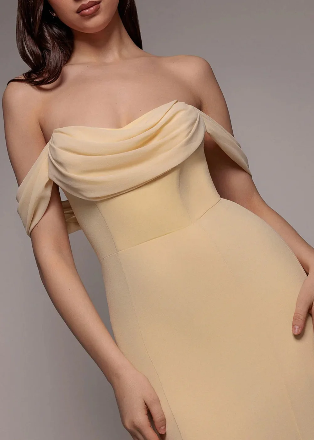 Goddiva Butter Yellow Chiffon Bardot Cowl Neck Maxi Dress - 12 Image 3