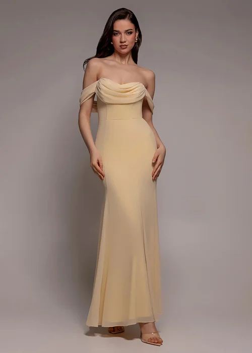 Goddiva Butter Yellow Chiffon Bardot Cowl Neck Maxi Dress - 12 Image 1