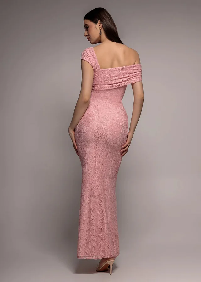 Goddiva Blush One Shoulder Pleated Bardot Lace Maxi Dress