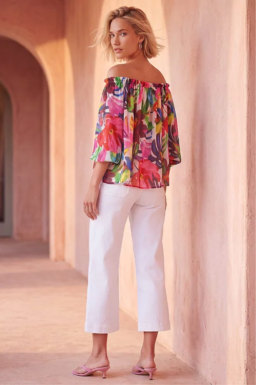 Roman Multi Floral Print Tie Front Bardot Top - 14 Image 3