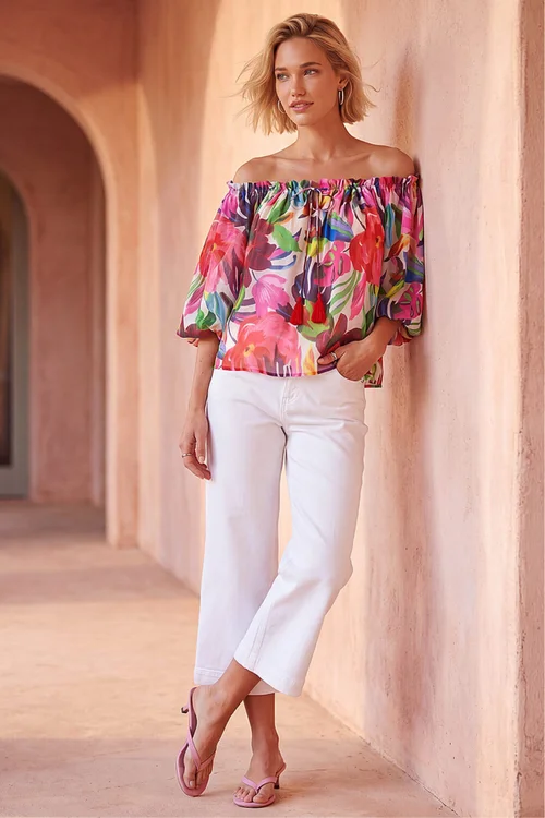 Roman Multi Floral Print Tie Front Bardot Top - 14 Image 2