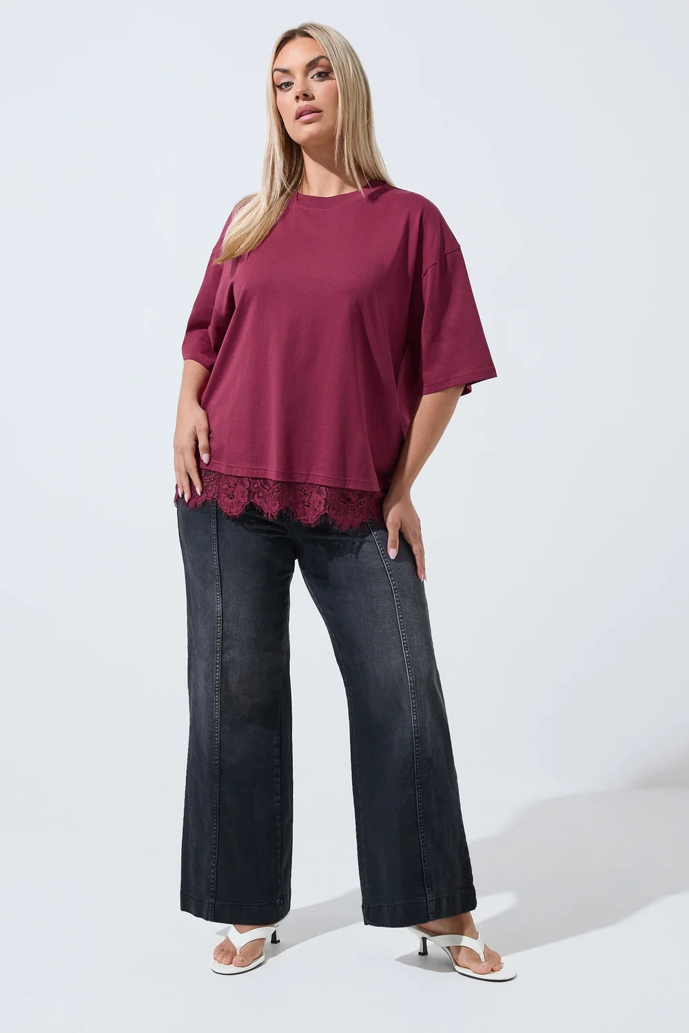 Yours Limited Curve Burgundy Red Oversized Lace Hem T-Shirt - 22-24 Image 4