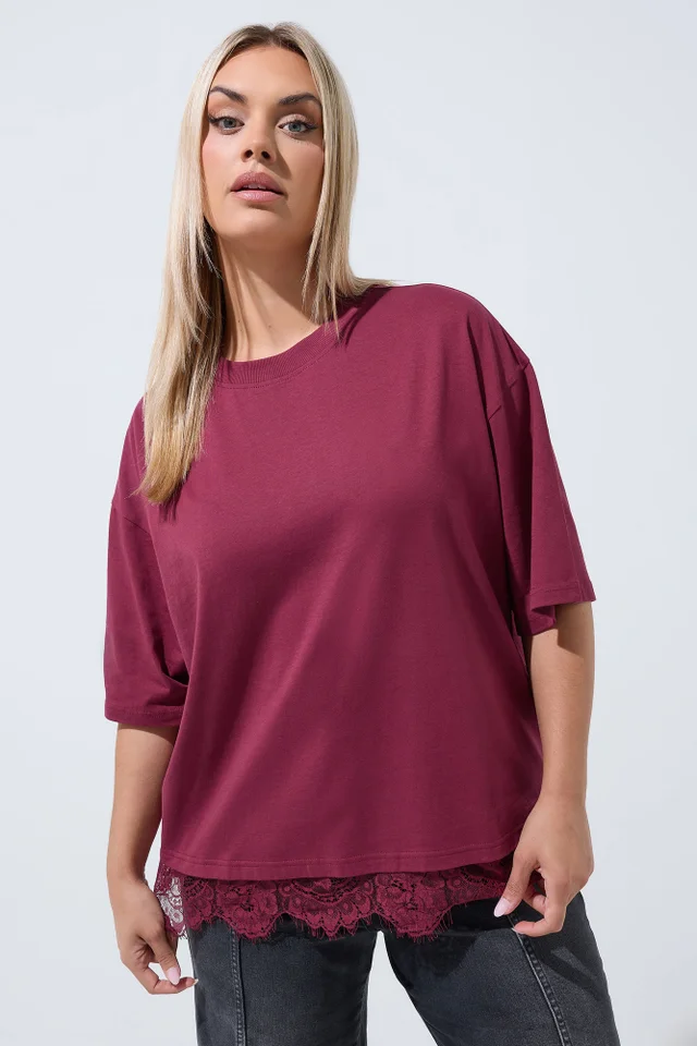 Yours Limited Curve Burgundy Red Oversized Lace Hem T-Shirt
